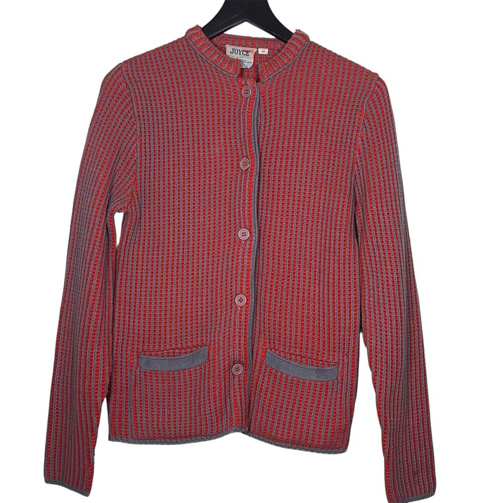 Joyce Red & Gray Ribbed Knit Cardigan Sweater Size M Vintage